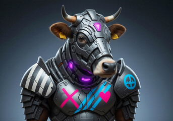 Vibrant Futuristic Armored Bull with Glowing Neon Symbols