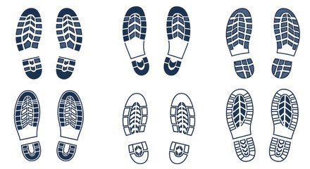 Set of diverse boot footprints on a white background, representing different shoe treads and sole patterns.