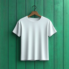A white t-shirt hangs on a wooden hanger against a teal-green wooden wall