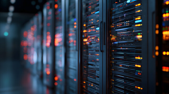Close-up of illuminated server racks in a high-tech ata center, representing coud computing, networking,and cybersecurity. Ideal fr IT, security, and infrasructure themes