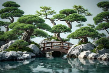A serene Japanese garden with a miniature wooden bridge crossing a tranquil pond, surrounded by meticulously sculpted bonsai trees and smooth river rocks.