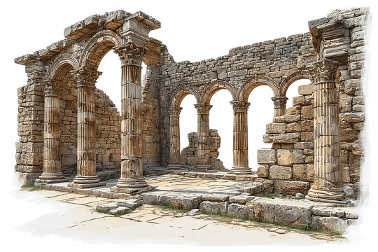 An ancient ruin with a series of stone arches and Corinthian columns, standing as a historical testament to classical architecture.