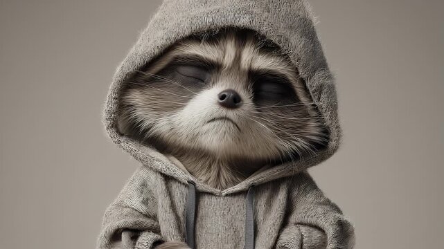 A detailed anthropomorphic raccoon in a wrinkled hoodie and sweatpants, slouched with a dazed expression, set against a neutral background