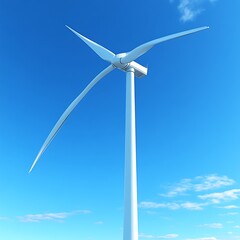 A white wind turbine against a vibrant blue sky