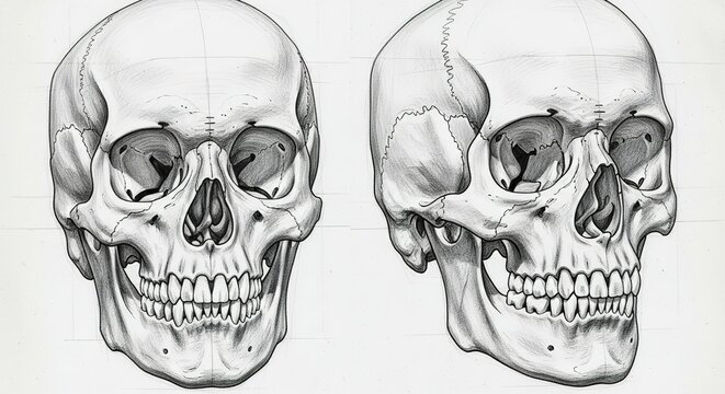 Anatomical Skull Study: Frontal and Lateral Views in Detailed Pe