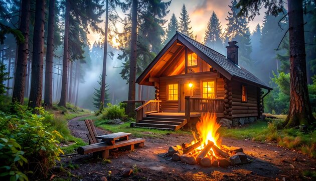 Cozy log cabin in a misty forest at sunset with a crackling fire