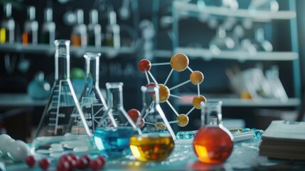 Image of chemical compounds and scientific formulas over atom model in laboratory. science research and medicine concept digitally generated image.