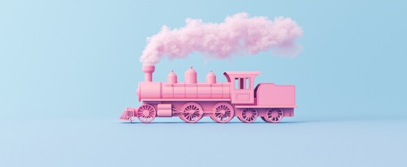 Obraz premium Pink Toy Train with Puffy White Smoke on a Blue Background