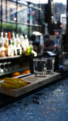 Bartender sirviendo vodka en vasos de shot