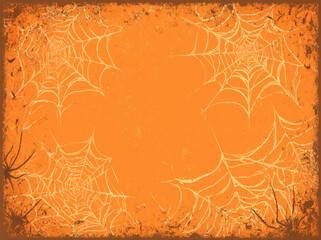 Spooky Halloween background featuring spider webs on vibrant orange backdrop, perfect for creating haunting atmosphere. Ideal for festive decorations and themed events