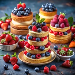 Delicious berry cakes and assorted fresh fruit a sweet indulgence