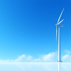 A wind turbine stands tall against a vibrant blue sky, with soft white clouds at the horizon.  Its smooth white blades catch the light