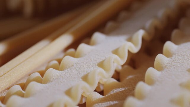 Pasta mix, different Italian tagliatelle fussili pasta packaging window, Fettuccine pasta, close up, not cooked