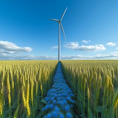 A wind turbine stands tall in a golden wheat field, a path of blue flowers leading to it