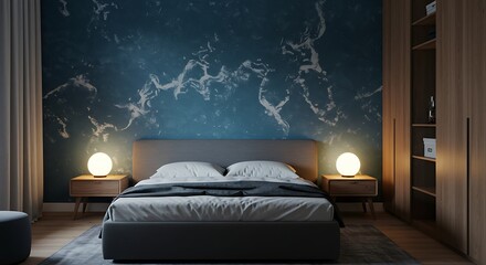 Modern bedroom interior design with a stylish bed, bedside lamps, and a textured wall