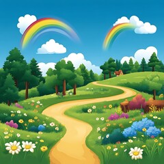 A winding path through a lush, colorful meadow, with trees, a small cottage, and two rainbows in a bright, sunny sky
