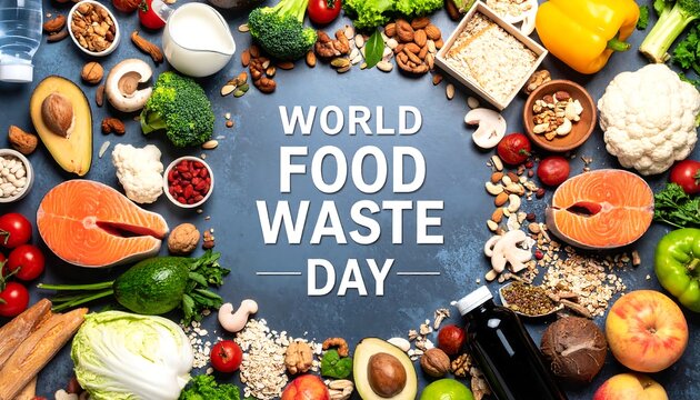 A wide assortment of food items arranged in a circle, surrounded by text reading "WORLD FOOD WASTE DAY - Powered by Adobe