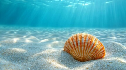 Underwater seashell on sandy bottom. Sunlight beams through water