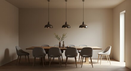 Beige Dining Room with Wooden Table and Stylish Pendant Lights