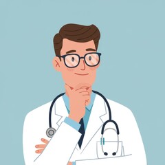 Fototapeta premium Vector illustration of male doctor with glasses in pensive pose. Medical professional character for healthcare, hospital, clinic, diagnosis, and treatment design.