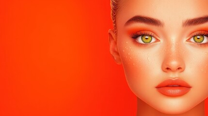 Vibrant beauty portrait of orange fashion model. Female face with makeup, glamour style and intense eyes. Woman with bold lips, trendy cosmetics, modern elegance, radiant skin, studio concept,