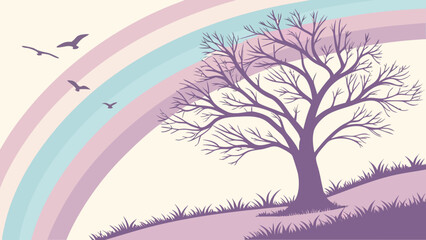 Obraz premium Pastel rainbow and bare tree silhouette bare branches