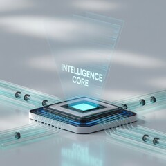 Advanced microchip cpu with 'intelligence core' glowing representing futuristic ai technology and innovative computing power connection