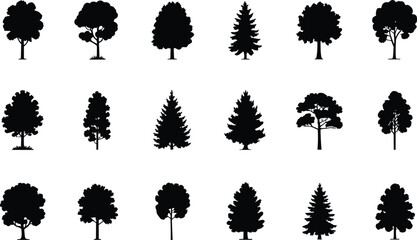 Tree silhouettes, forest icons, nature vector, pine tree shapes, deciduous tree illustrations, woodland plants, tree outlines, evergreen symbols, tree line art, botanical designs