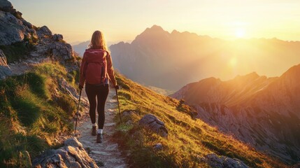 Obraz premium Hiker mountain sunrise trail