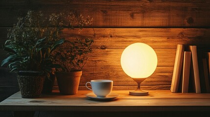 Warm, wooden shelf with plants, lamp, and teacup
