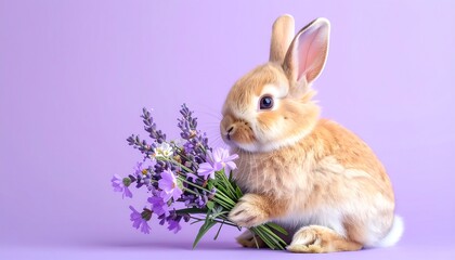 Adorable baby rabbit holding a bouquet of lavender flowers against a vibrant purple backdrop