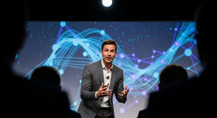 An expert speaker presents at a technology conference, with a dynamic network graphic on screen, perfect for business and innovation seminars