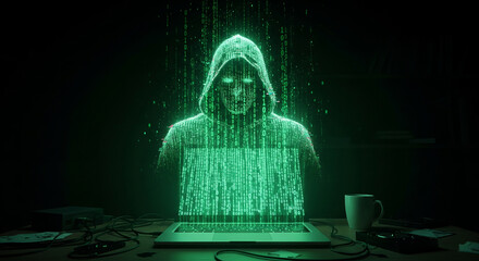 A digital hacker hologram made of green binary code emerges from a laptop, symbolizing a virus, malware, or a persistent cyber threat concept