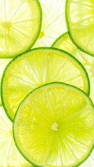 Close-up view of multiple lime slices layered together, displaying vibrant yellow-green color and translucent texture