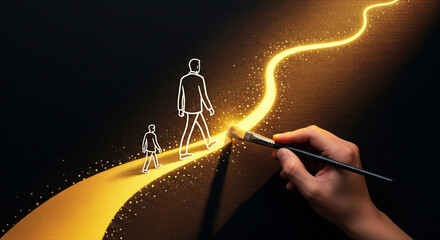 A hand paints a golden path illustrating the journey from childhood to adulthood, a beautiful concept of life, growth, destiny, and personal planning