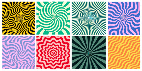 Collection of eight psychedelic swirling and radial pattern backgrounds in vibrant colors