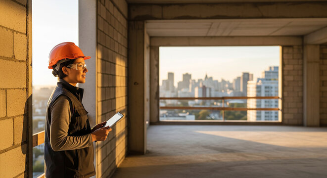 A female engineer in a hard hat surveys a construction site at sunset, overseeing urban development with a vision for the future city perfectly
