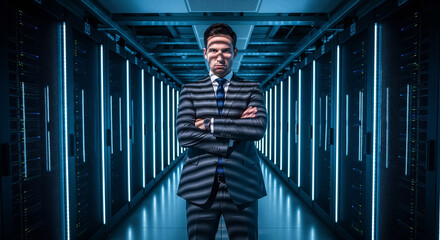 A businessman with a digital binary overlay stands in a futuristic corridor, a concept of AI integration, data, and modern corporate identity