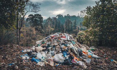 A large pile of garbage in the forest