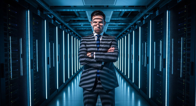 A businessman with a digital binary overlay stands in a futuristic corridor, a concept of AI integration, data, and modern corporate identity - Powered by Adobe