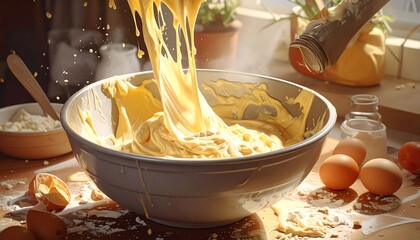Mixing batter in a large bowl.  Sunlight streams in
