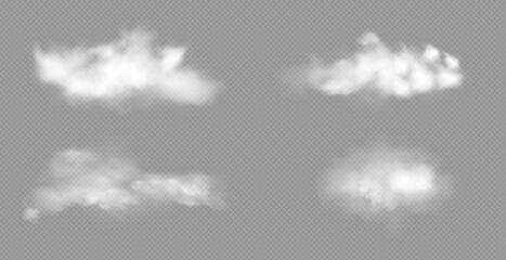 Realistic white fluffy clouds with fog or light smoke effect on a transparent background. Misty atmosphere element for overlaying on images, dramatic scenes or weather visual effects. © kume111000