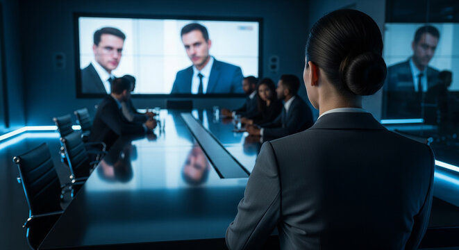 A businesswoman leads a global video conference from a modern boardroom, connecting with remote colleagues, perfect for illustrating global business - Powered by Adobe