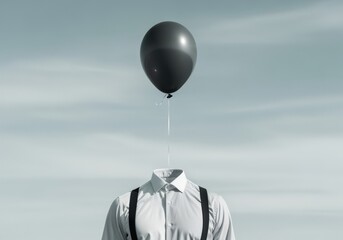 Surreal shirt with black balloon floating in sky