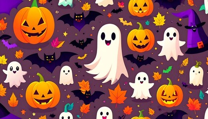 Whimsical Halloween Pattern with Pumpkins, Ghosts, Bats and Autumn Leaves