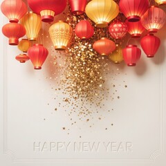 Festive red and gold lanterns dangle above cascading golden glitter creating a vibrant celebration scene
