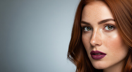 Fototapeta premium A stunning studio portrait of a woman with vibrant red hair and bold makeup, a perfect image for high-fashion and beauty editorials
