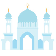 Flat illustration of Islamic mosque with blue domes and minarets. Ideal for religious, cultural, or architectural-themed designs.