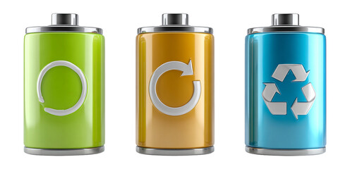 Three Colorful Battery Icons Representing Energy and Recycling Concepts