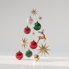 Festive christmas ornaments and reindeer sculpture forming an artistic tree shape for holiday decor and celebrations